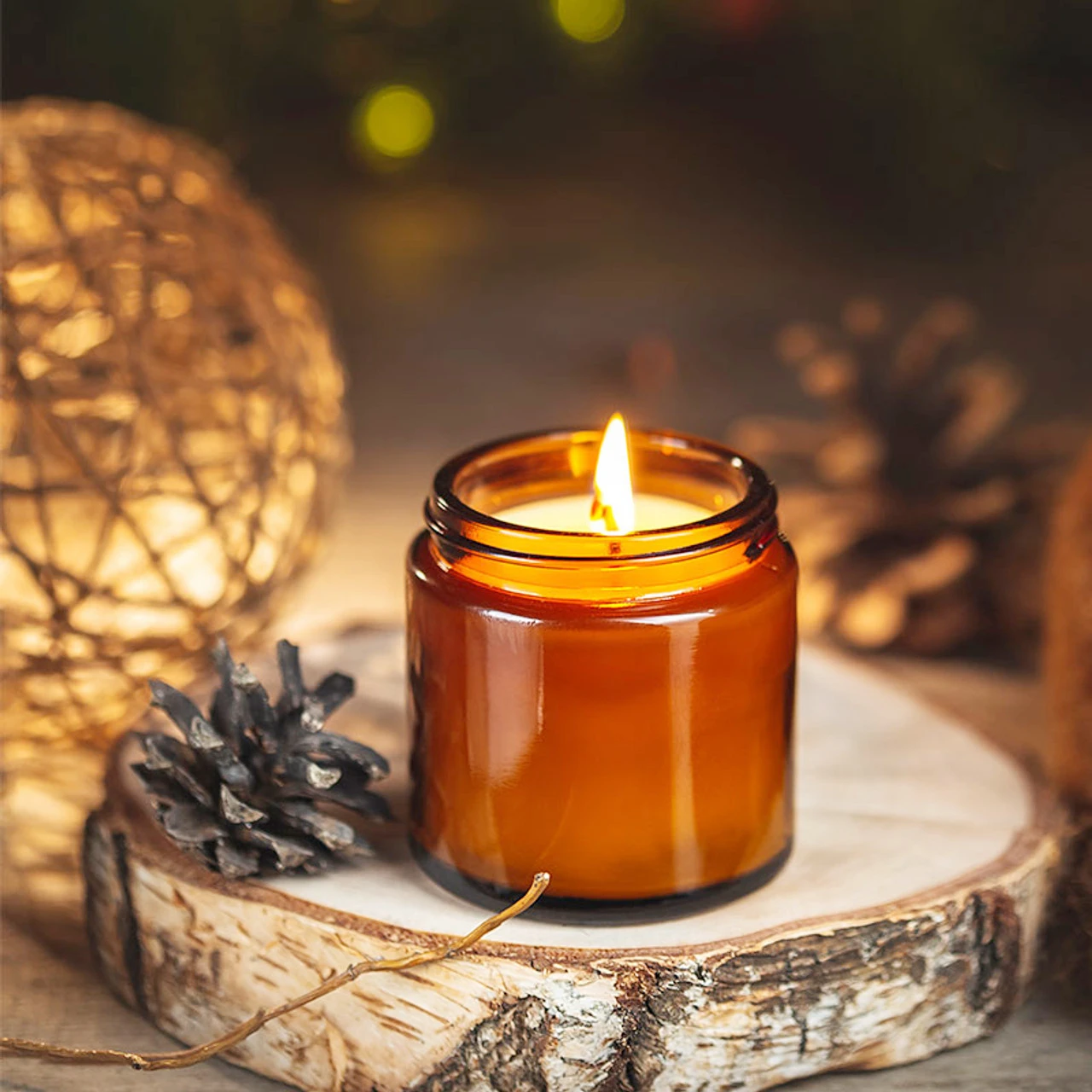 Candle Making Jars With Lids - Cam Mum Kavanozları, 4oz Amber Yuvarlak